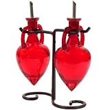 Vintage Olive Oil &Vinegar Colored Glass Bottles, Liquid Dispensers ~ Two Red Decorative Amphora Style Bottles with Stainless Spouts & Black Metal Swirl Stand