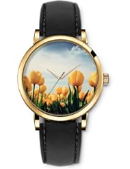 SPRAWL Aanalog Fashion Series Gold Ladies Watches of Genuine Black Leather Strap,Unique Wrist Watch for Women Girls Designed with yellow tulips