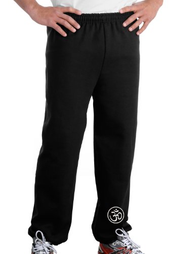 AUM PATCH Mens Yoga OM Pants with Elastic Bottom - Black - Ankle Print, Medium