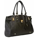 LUCCA Black Glamour Padlock Designer Inspired Shopper Hobo Tote Bag Purse Satchel Handbag w/Shoulder Strap