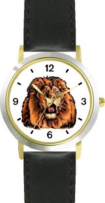 Lion (Male) Cat - WATCHBUDDY® DELUXE TWO-TONE THEME WATCH - Arabic Numbers - Black Leather Strap-Size-Large ( Men's Size or Jumbo Women's Size )
