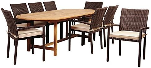 International Home Miami SC DIANOVAL-8LIBARM-BRSBG Amazonia Santa Clarita 9 Piece Eucalyptus Rectangular Dining Set with Antique Beige Sunbrella Cushions