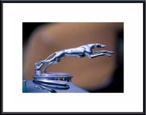 1927 Lincoln Hood Ornament, framed black metal, white matte 24 x 18 Inches.
