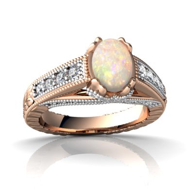14k Rose Gold Oval Genuine Opal Antique Style Ring