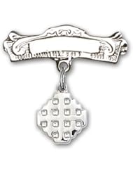 Sterling Silver Baby Badge with Jerusalem Cross Charm and Arched Polished Badge Pin