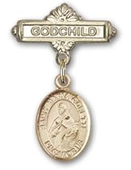 14K Gold Baby Badge with St. Maria Goretti Charm and Godchild Badge Pin