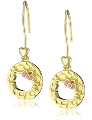 Hello Kitty by Simmons Jewelry Co. "Hammered Disc 14K Gold Plated" Gold Plated with Silhouette Cut Out and Enamel Fill Bow Hook Drop Earrings