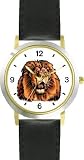 Lion (Male) Cat - WATCHBUDDY&reg; DELUXE TWO-TONE THEME WATCH - Arabic Numbers - Black Leather Strap-Women's Size-Small