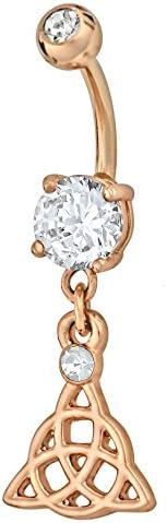 Rose Gold Plated 14G 316L Surgical Steel Cubic Zirconia Crystal Celtic Knot Dangle Double Gem Belly Button Ring Barbell