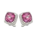 14K White Gold 1/5 ct. Diamond and 9 7/8 ct. Cushion Cut Pink Topaz Fashion Earrings