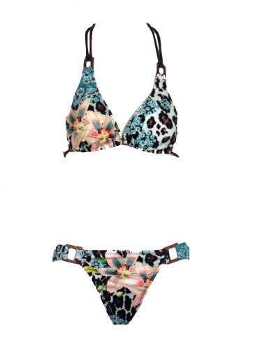 Hot Kiss Aqua Print 2pc Bikini w/ Triangle Top & Ring Side Bottom (Medium)