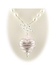 Pink Murano Glass Heart Pendant Freshwater Pearl Lariat Sterling Silver Toggle Clasp Necklace