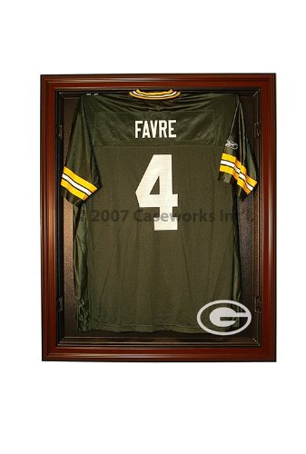 Green Bay Packers Football Jersey Display Case Cabinet Style with Mahogany Finish Frame