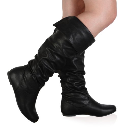 97U Womens Black Faux Leather Slouch Ladies Riding Flat Over The Knee High Long Boots Shoes Size 3