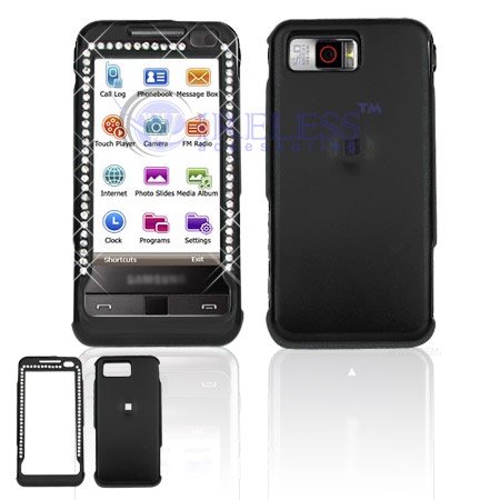 Samsung Omnia i910 Cell Phone Black Rubber Feel with White Diamond Protective Case Faceplate Cover