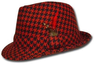 RED BLACK FEATHER HOUNDSTOOTH FEDORA TRILBY HAT LG XL
