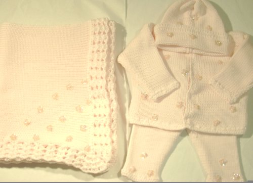 Cpk87bk, Knitted on Hand Knitted Machine Baby Pink Cotton Finished By Hand Crochet Infant Girls Cardigan Sweater Pant Hat Set and Matching Blanket Trimmed with Pink Sequin Stars