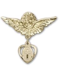 Gold Filled Baby Badge with Cross Charm and Angel w/Wings Badge Pin