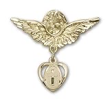 14kt Gold Baby Badge with Cross Charm and Angel w/Wings Badge Pin