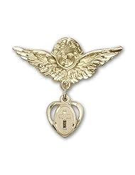 14K Gold Baby Badge with Cross Charm and Angel with Wings Badge Pin