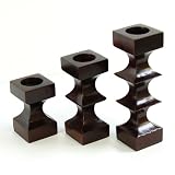 Set of 3 Handmade Chic Wooden Candleholders With Wave Design And Rich Mahogany Finish