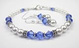 September Medium Blue Sapphire Birthstone Bracelets and Earring SETS: Swarovski Crystal Beaded Pearl Bracelets in Sterling Silver