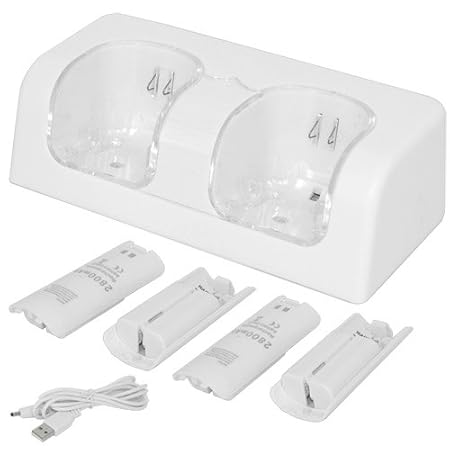 Skque USB Powered Dual Charging Station Dock Stand and 4 Batteries for Nintendo Wii, White