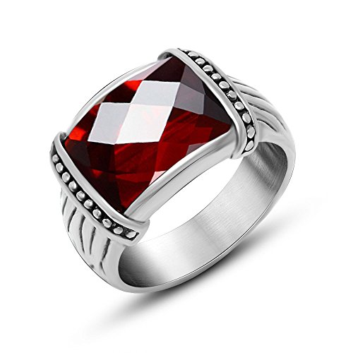 FANSING Mens Red Faux Garnet Rings Stainless Steel Ring