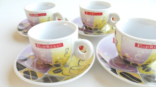 4 in Set European Demitasse Cup and Saucer Set with Colorful Whimsy Design (Coffee Motif)
