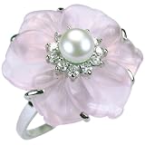Rose Quartz Cubic Zirconia Flower Cultured Pearl Platinum Overlay CAREFREE Sterling Silver Ring