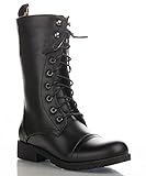 Women's Military Combat Colored Lace Up Mid Calf Boots With Zipper Closure NEW SMOOTH BLACK (7.5)