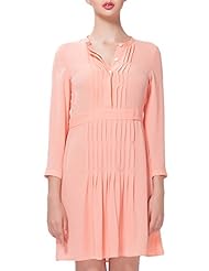 V-neck Knee Length Chiffon Long Sleeves Pleated  Midi Dress  With Ruffles