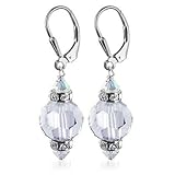 10mm Multifaceted Round Clear Genuine Swarovski Crystals Sterling Silver Leverback Dangle Earrings