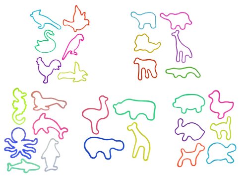 60 Shaped Original Rubber Bandz Lot - (5 Packs of 12 Bands) Glow Ocean, Birds, Zoo, Farm & Wild Animals