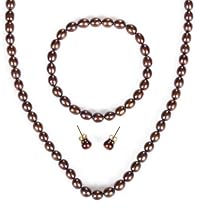 Gold Overlay Sterling Silver Chocolate Freshwater Cultured Pearl Necklace, Bracelet and Earring Set