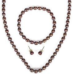 Gold Plated Sterling Silver Chocolate Freshwater Cultured Pearl Necklace, Bracelet and Earring Set