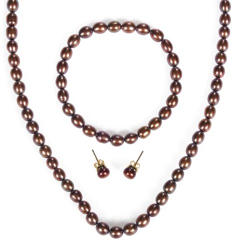 Childrens Toyshop  Jewelry : Chocolate Freshwater Cultured Pearl 16" Necklace, 7" Bracelet and Sterling Silver Post Earring Set