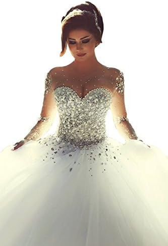 Wallbridal Gorgeous Beading Crystal Luxury Pearls Long Sleeves Wedding Gown Bride (4, Ivory)