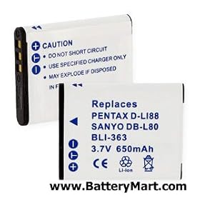 Empire Non OEM battery for Pentax D-Li88 & Sanyo DB-L80. High Quality. We discount shipping on 2 or more items.