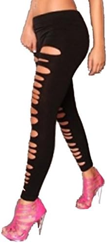 Smile YKK Women's Cutout Ripped Footless Legging Tight Black Front