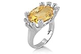 14K White Gold Matte-Finish Hand-Crafted Designer Ring, Centered with an Oval-Shaped Citrine Semi-Precious Color Stone, Enhanced with Bezel Set Diamonds.
