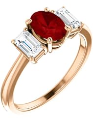 18K Rose Gold 7.00x5.00mm Oval Cut Ruby and Diamond Three-Stone Ring -- LIFETIME WARRANTY