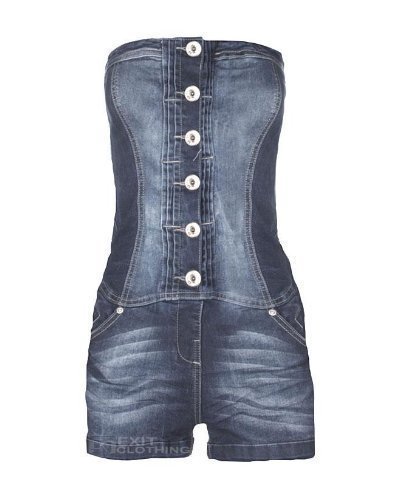  Mary Jane Fashion - Combi-Short Jean Femme Bandeau Bustier Sans Bretelle Délavé - Délavé moyen, FR 36