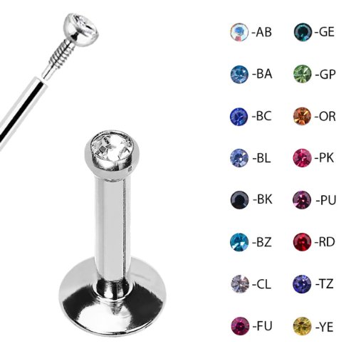 Steel Internally Threaded Labret Tragus Lip Monroe w/CZ Gem-14G