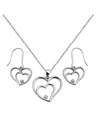 .925 Sterling Silver CZ Interweaving Hearts Hanging Earrings and Matching Pendant-Necklace Set with 1.2mm Cable Rolo Chain - 16"+2" Inches Extension