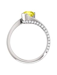 14K White Gold 6.00mm Round Cut Yellow Sapphire and Diamond Ring -- LIFETIME WARRANTY