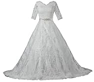 Modest  Lace-Up Elbow Length Sleeves 2015  Ball Gown Wedding Dress 