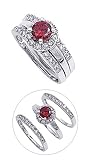Rhodium Plated Sterling Silver Wedding & Engagement Ring Garnet, Clear CZ 3 Pc Ring Set 10MM ( Size 5 to 9)
