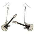 2 3/8 Enamelled Guitar with Rhinestones Earrings, Gpe, Usa! In Black And White with Silver Finish