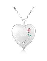 Heart Shaped Flower Pendant Locket w/ Mom Engraving Sterling Silver